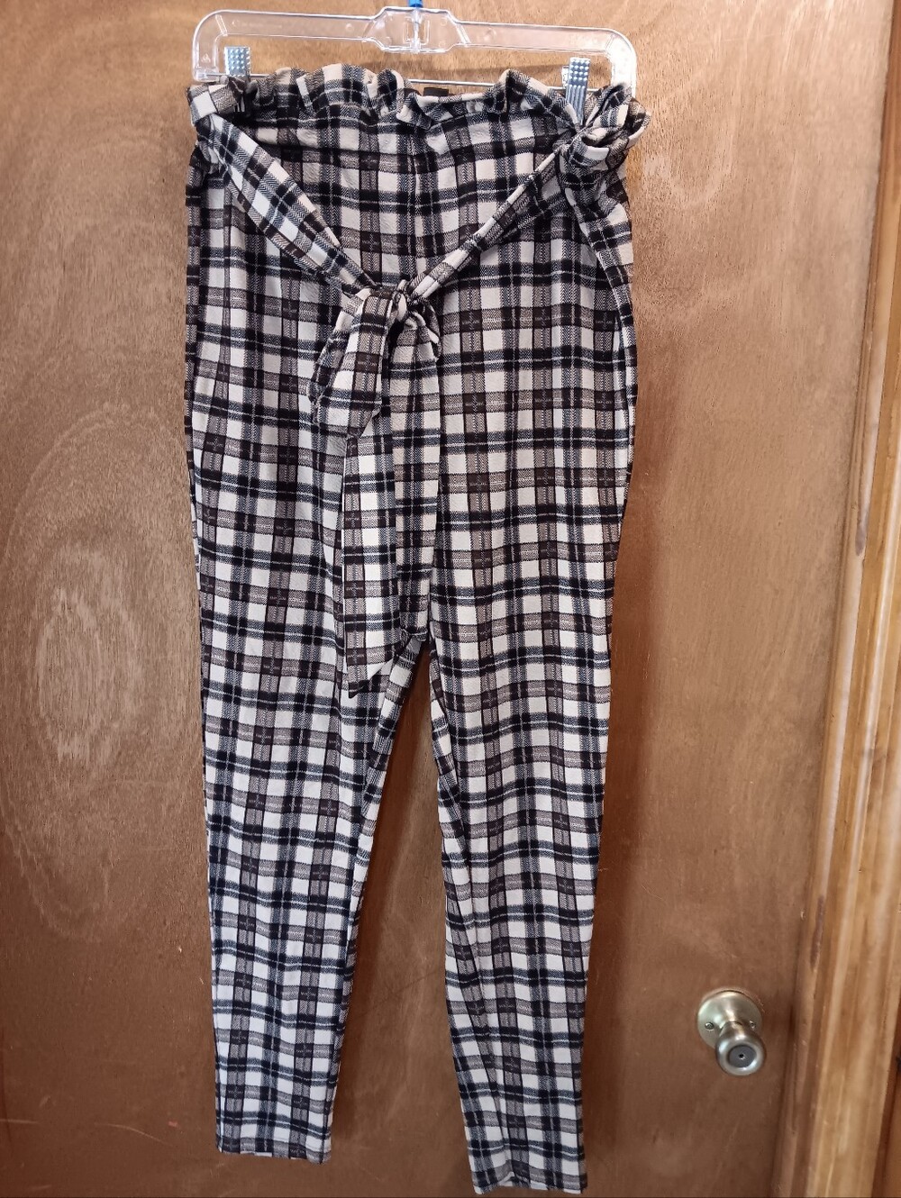 SHEIN Brown & Cream Plaid Tie-Waist Paperbag Skinny Pants